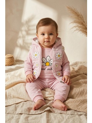Babydonat Kız Bebek Pembe Papatya Desenli 3'lü Takım - Kapüşonlu Şişme Yelek, Sweatshirt ve Eşofman Altı Kombini