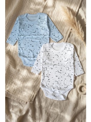 Babydonat Astra Moonlight 2'li Uzun Kollu Bebek Body Takımı - %100 Doğal Pamuk, Ay ve Yıldız Desenli Soft Mavi/beyaz Zıbın Seti
