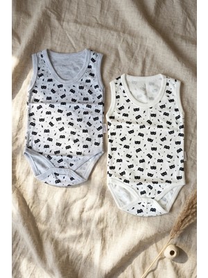 Babydonat 2'li %100 Pamuklu Kolsuz Bebek Zıbın Takımı - Maske Desenli Gri ve Ekru Unisex Bebek Body Seti