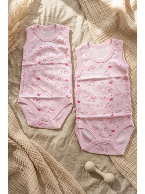 Babydonat Kız Bebek Pembe Ayıcık ve Yıldız Desenli 2'li Kolsuz %100 Pamuklu Zıbın Body Takımı