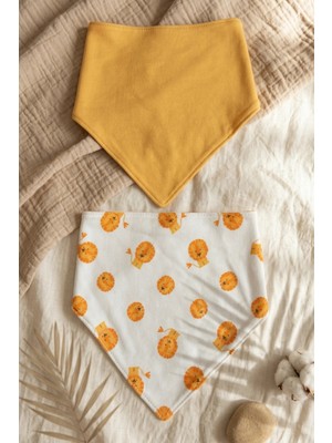Babydonat Bebek & Çocuk %100 Pamuklu Ayarlanabilir 2'li Bandana Mama Önlüğü Seti - Hardal ve Aslan Desenli Safari Serisi
