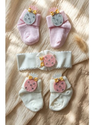 Babydonat Pina Bloom Kristal Taşlı Ananas Figürlü Bebek Çorap ve Bandana Seti 0-6 Ay - 3 Parça Lüks Newborn Hediye Seti