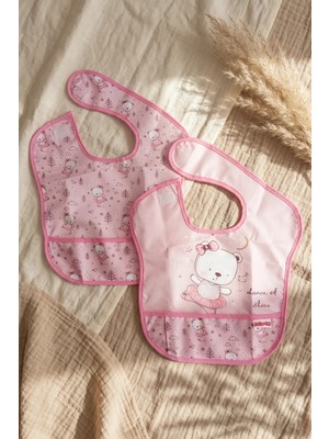 Babydonat Bella Bear 2'li Sıvı Geçirmez Cepli Mama Önlüğü - Pembe Balerin Ayıcık Desenli Leke Tutmaz Bebek Önlüğü 0-12 Ay