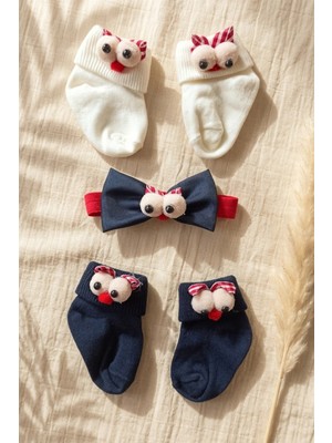 Babydonat Bubbly Tots 3 Parça Bebek Aksesuar Seti - Lacivert ve Beyaz 3D Karakterli Pamuklu Bebek Çorabı ve Fiyonk Kombini