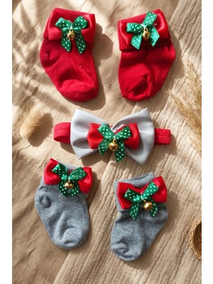 Babydonat Merry Bells 3'lü Yılbaşı Bebek Seti - Kırmızı ve Gri Fiyonklu Çıngıraklı Çorap & Fiyonk Kombini - Yenidoğan ve Bebek Hediye Seti