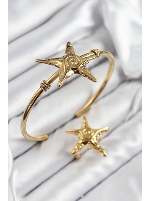 Uravas Store Pirinç Deniz Yıldızı Model Gold Renk Bileklik Yüzük Set