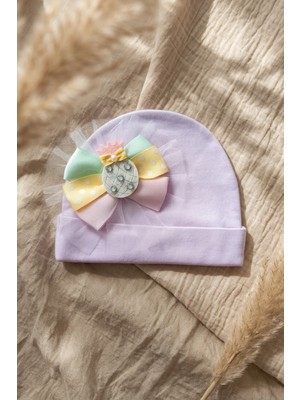 Babydonat Lila Renk %100 Pamuklu Fiyonklu Kız Bebek Beresi - Ananas Figürlü ve Renkli Kurdele Detaylı Şık Bebek Şapkası