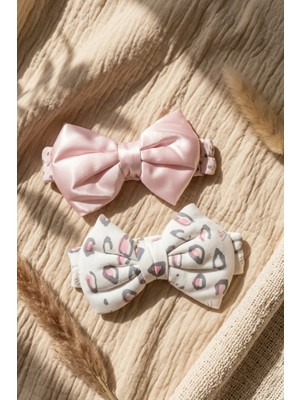 Babydonat Lumina 2'li Lüks Saten Fiyonk Bebek Bandana Seti - Pembe ve Leopar Yumuşak Elastik Saç Aksesuarı