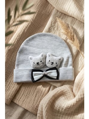 Babydonat Teddy Charm Nakışlı ve Papyon Detaylı %100 Pamuklu Yumuşak Bebek Beresi - Gri Melanj Şık Bebek Aksesuarı