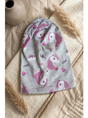 Babydonat Kız Çocuk Gri Unicorn Desenli Pamuklu Esnek Penye Bere - Gümüş Sim Detaylı Mevsimlik Çocuk Şapkası