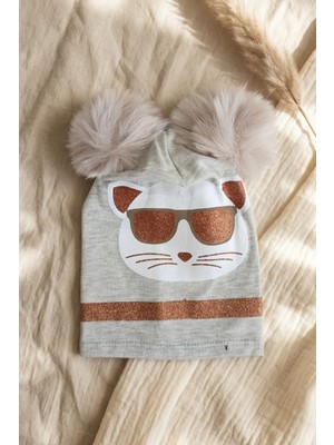 Babydonat Mia Cool Cat Gri Sim Detaylı Çift Peluş 0-6 Ay Ponponlu Bebek ve Çocuk Beresi - Yumuşak Pamuklu Mevsimlik Şapka