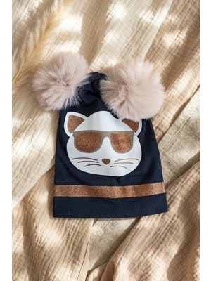 Babydonat Mia Cool Cat Siyah Sim Detaylı Çift Peluş 0-6 Ay Ponponlu Bebek ve Çocuk Beresi - Yumuşak Pamuklu Mevsimlik Şapka