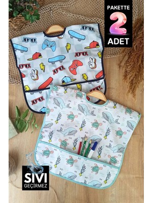 Babydonat Play - Dolphin Desenli Sıvı Geçirmez Kolsuz 6-24 Ay 2'li Aktivite ve Mama Önlüğü