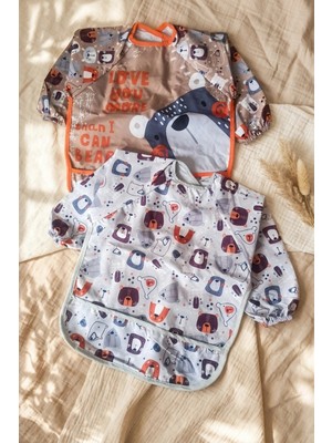 Babydonat Bubu Bear 2'li Set Uzun Kollu Su Geçirmez Bebek Mama Önlüğü - Ayıcık Desenli Leke Tutmaz Blw ve Aktivite Önlüğü 6-24 Ay