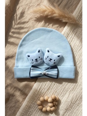 Babydonat Teddy Charm Nakışlı ve Papyon Detaylı %100 Pamuklu Yumuşak Bebek Beresi - Mavi Melanj Şık Bebek Aksesuarı