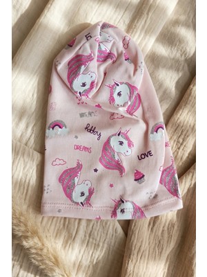 Babydonat Kız Çocuk Pembe Unicorn Desenli Pamuklu Esnek Penye Bere - Gümüş Sim Detaylı Mevsimlik Çocuk Şapkası