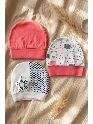 Babydonat 3'lü % 100 Pamuklu Çiçek Aplikeli Kız Bebek Bere Şapka Seti- Kalp ve Çizgi Desenli Penye Bebek Şapkası 0-3 Ay
