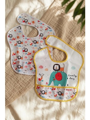 Babydonat Safari Bliss 2'li Su Geçirmez Cepli Bebek Mama Önlüğü - Leke Tutmaz Silinebilir Safari Desenli Mama Önlüğü Seti 0-12 Ay