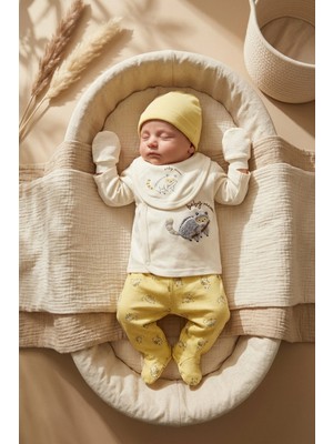 Babydonat Milo Raccoon 5'li Yenidoğan Hastane Çıkış Seti - %100 Organik Pamuk Dokulu, Nakışlı Sarı & Krem Bebek Takımı