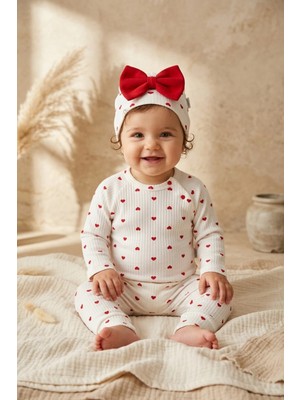 Babydonat Amore Kalp %100 Pamuklu Ribana Kumaş Kalp Desenli 3'lü Bebek Takımı - Zıbın, Pantolon ve Fiyonklu Bere Seti