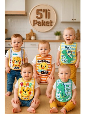 Babydonat Little Explorer 5'li Bebek Önlük Seti - Sıvı Geçirmez, Pamuklu, Hayvan Figürlü Eğlenceli Mama Önlüğü 0-12 Ay