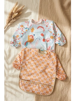 Babydonat Minivibe 2'li Set Sıvı Geçirmez Uzun Kollu Mama ve Aktivite Önlüğü - Blw Uyumlu, Leke Tutmaz, Kuş ve Çiçek Desenli 6-24 Ay