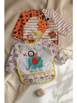 Babydonat Safari Serisi 2'li Paket Sıvı Geçirmez Kollu Bebek Mama Önlüğü - Ek Gıda Blw Başlangıç Seti - Leke Tutmaz Lüks Tasarım 6-24 Ay