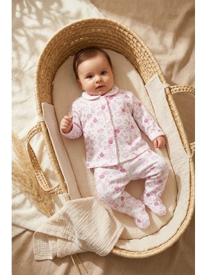Babydonat Mila Soft Safari Pembe Hayvan Figürlü %100 Pamuklu Patikli Bebek Pijama Takımı - Yumuşak Dokulu 2'li Set
