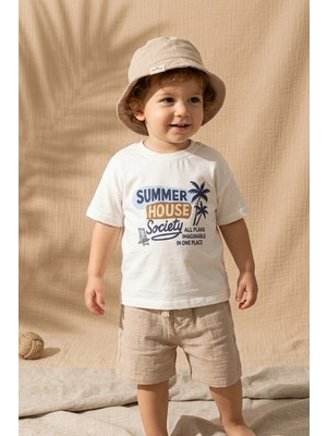 Babydonat Erkek Çocuk Bej Müslin Şortlu 3'lü Takım - Summer House Baskılı Pamuklu Tişört & Bucket Şapka Seti