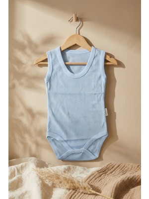 Babydonat Jakarlı Nefes Alan Mavi %100 Pamuklu Askılı Bebek Body - Boho Stil Organik Dokulu Yazlık Zıbın