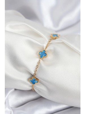 Uravas Store 316L Çelik Gold Renk Buz Mavisi Baby Boy Yonca Kadın Bileklik