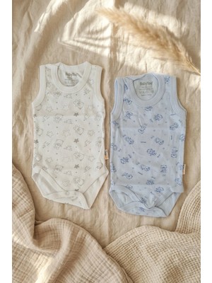 Babydonat %100 Pamuklu Ayıcık Desenli Kolsuz 2'li Bebek Zıbın Body Seti - Mavi ve Beyaz Renk Seçeneği 0-12 Ay