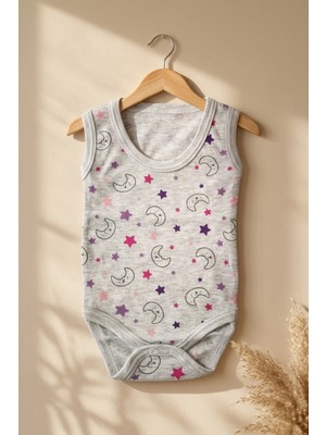 Babydonat Nova Starlight Gri Melanj Ay ve Yıldız Desenli %100 Pamuklu Kolsuz Bebek Zıbın Body - Yumuşak ve Nefes Alan Premium Kumaş