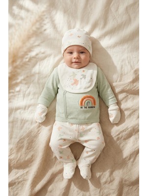 Babydonat Aura Rainbow 5’li Yenidoğan Bebek Hastane Çıkış Seti - %100 Pamuklu Mint Yeşili Nakışlı Zıbın ve Patikli Takım