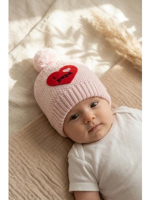 Babydonat Pembe Triko Kalp Detaylı 'ı Love Papa' Ponponlu Yumuşak Bebek Beresi 0-6 Ay