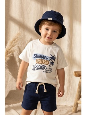 Babydonat Erkek Çocuk Lacivert Müslin Şortlu 3'lü Takım - Summer House Baskılı Pamuklu Tişört & Bucket Şapka Seti