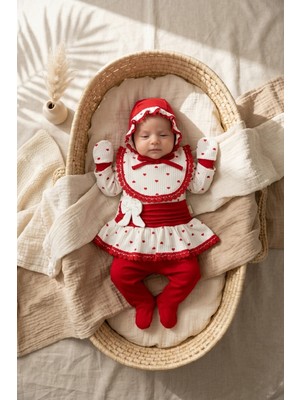 Babydonat Kırmızı Kalp Desenli Fiyonk Detaylı 5'li Bebek Hastane Çıkışı ve Takımı - %100 Pamuklu Dantelli Bebek Seti