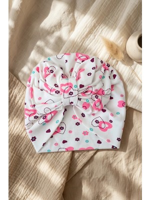 Babydonat Papillon Serisi Çiçek Desenli Fiyonklu Bebek Bone 6-12 Ay - %100 Pamuklu Esnek Ribana Bebek Saç Aksesuarı