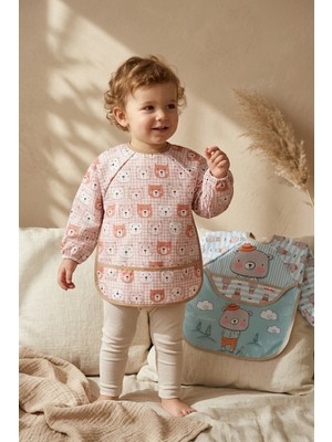 Babydonat Teddy Guard Sıvı Geçirmez Uzun Kollu Bebek Mama Önlüğü 2'li Set - 6-24 Ay Leke Tutmaz Blw Uyumlu Ayıcık Desenli Mama Önlüğü
