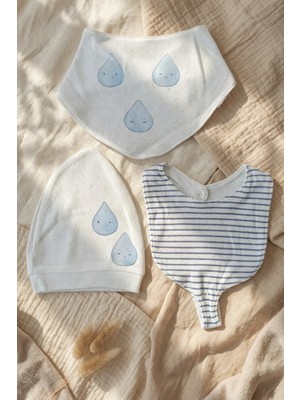 Babydonat Aqua Drop 3’lü %100 Pamuklu Jakarlı Bebek Aksesuar Seti - Mavi Yağmur Damlası Desenli Şapka ve Çift Önlük Takımı