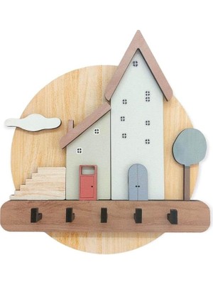 Art & Decoration Pastel Renkli Evler Ahşap Anahtarlık Hol Antre Askılık Duvar Dekor