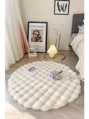 Yuvarlak Krem Uzun Tüylü Yumuşak Peluş Kaymaz Yıkanabilir Salon Oturma Odası Balkon Halı 60 x