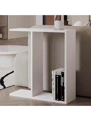 Modern Yan Sehpa – Kitaplıklı ve Dekoratif Tasarım, Beyaz