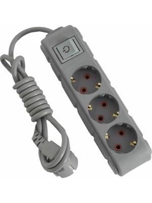3lü Anahtarlı Grup Priz 3 Metre 16A 250V, Üçlü Topraklı Uzatma Kablosu 3 Metre Gri Renk