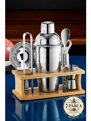 Shaker Kokteyl Set - 7 Parça 550 ml Shaker Coctail Set Bambu Standlı, 721826