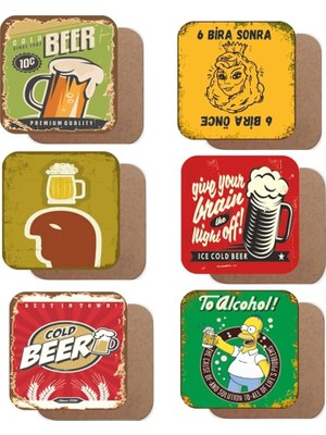 Temalı 6lı Retro Ahşap Bardak Altlığı Seti