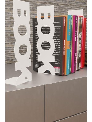 Dekoratif Beyaz Dikey Book Yazı Tasarımlı Metal Kitap Tutucu(Ikili Set) MK11B