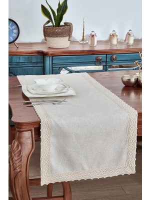 Keten Pamuk Dantelli Runner 50X130 cm Linen Kumaş Masa Örtüsü Sehpa Leke Tutmaz Mutfak Bej