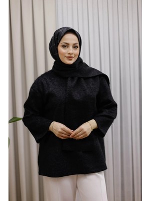 Moonsc Kadın Regular Fit Atkı Detaylı Standart Beden Tesettür Peluş Siyah Ceket