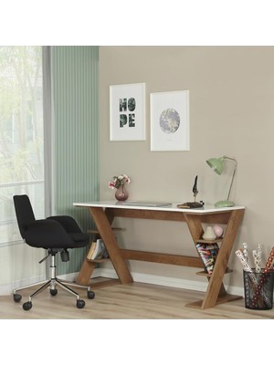 Raflı Çalışma Masası, Ofis Masası, 60X140 Cm, Koyu Meşe&beyaz